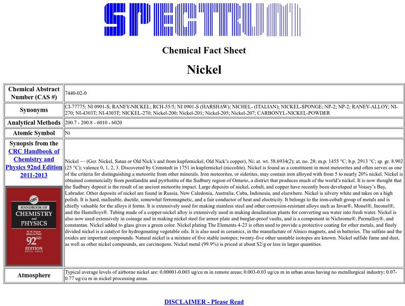 Florida Spectrum: Chemical Fact Sheet: Nickel Handout Florida Spectrum: Chemical Fact Sheet: Nickel Handout