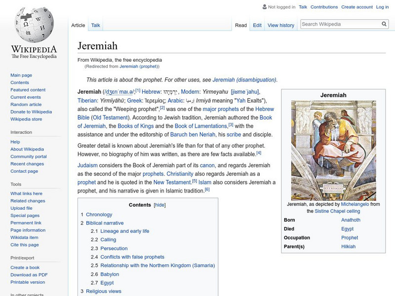 Wikipedia: Jeremiah (Prophet) Handout Wikipedia: Jeremiah (Prophet) Handout