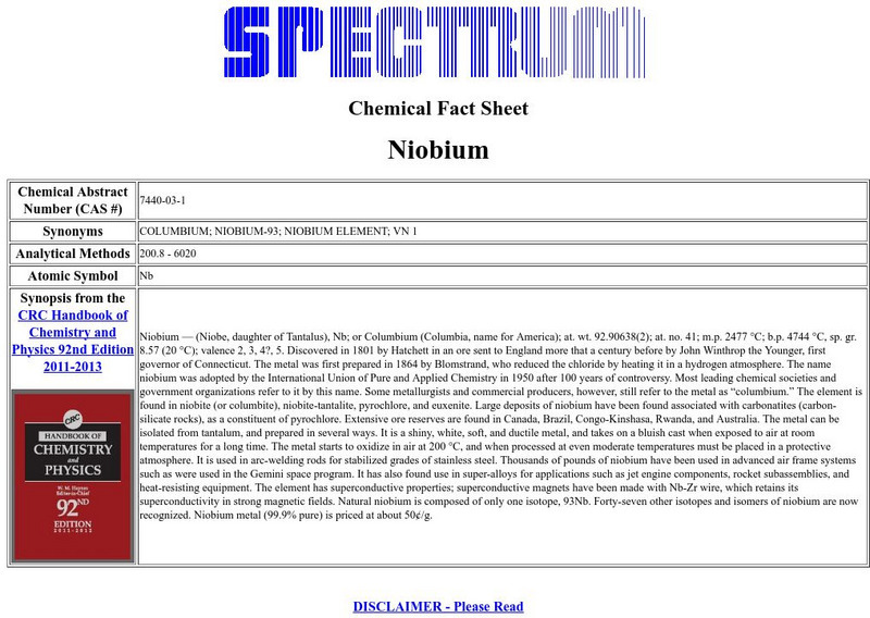 Florida Spectrum: Chemical Fact Sheet: Niobium Handout Florida Spectrum: Chemical Fact Sheet: Niobium Handout