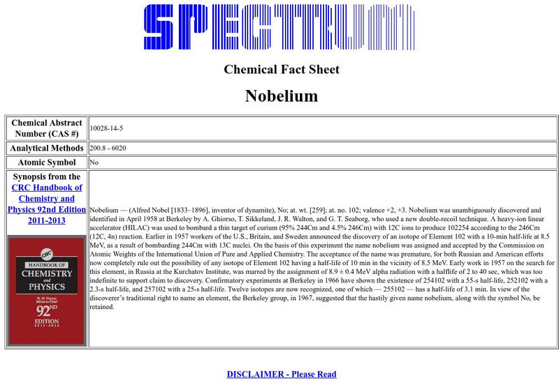 Florida Spectrum: Chemical Fact Sheet: Nobelium Handout Florida Spectrum: Chemical Fact Sheet: Nobelium Handout