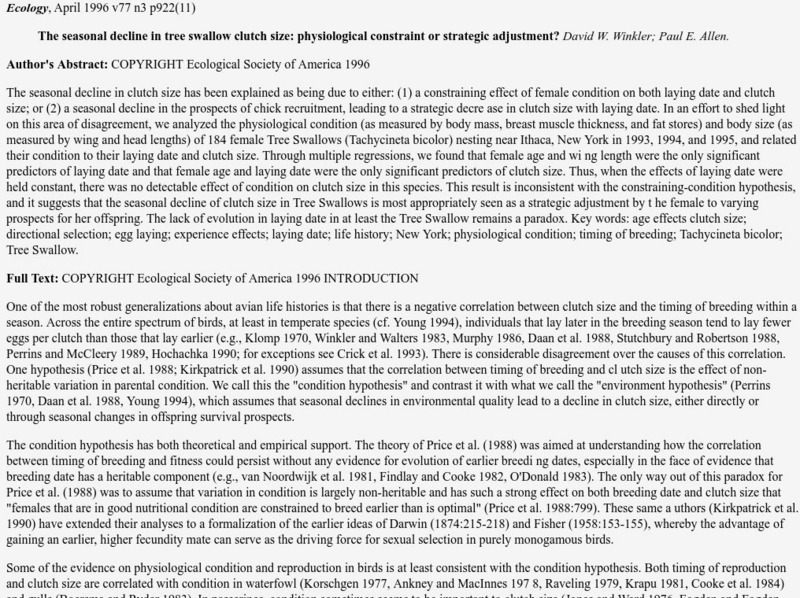 Univ. Of Pittsburgh/seasonal Decline in Tree Sparrow Handout Univ. Of Pittsburgh/seasonal Decline in Tree Sparrow Handout