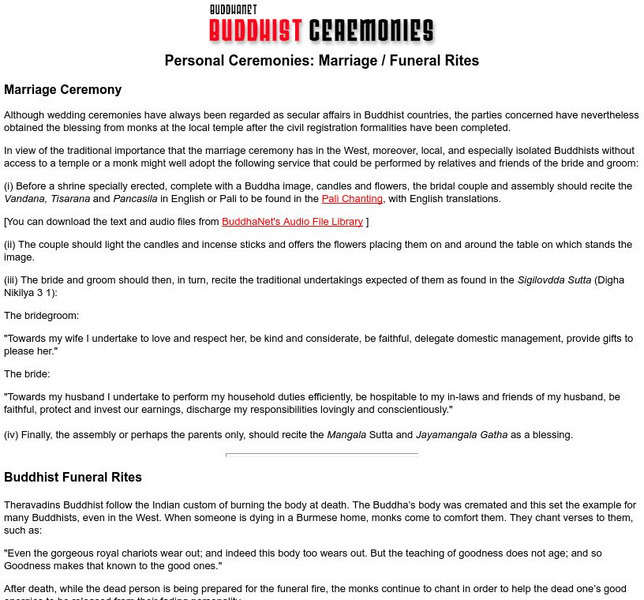 Buddha Net: Buddhist Ceremonies: Personal Ceremonies: Marriage/funeral Rites Activity