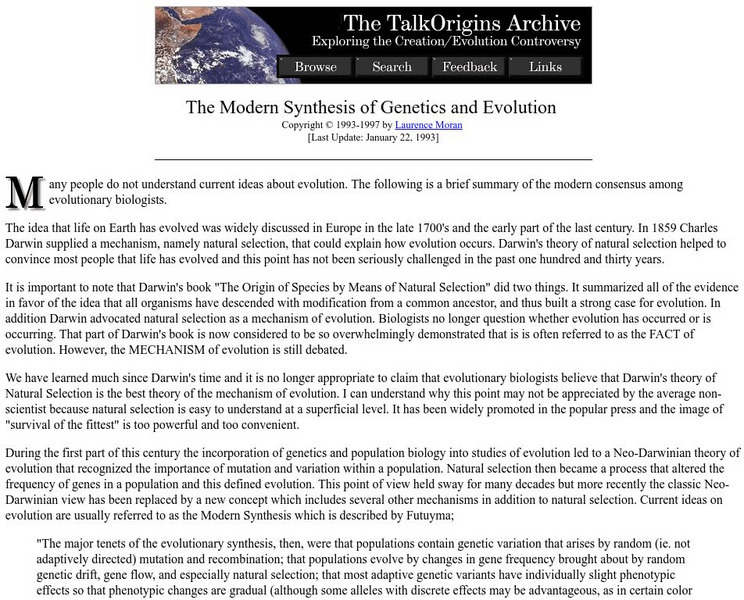 The Talk Origins Archive: Modern Synthesis of Evolution Handout The Talk Origins Archive: Modern Synthesis of Evolution Handout
