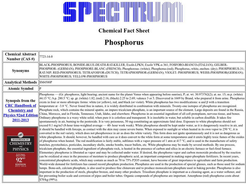 Florida Spectrum: Chemical Fact Sheet: Phosphorous Handout Florida Spectrum: Chemical Fact Sheet: Phosphorous Handout