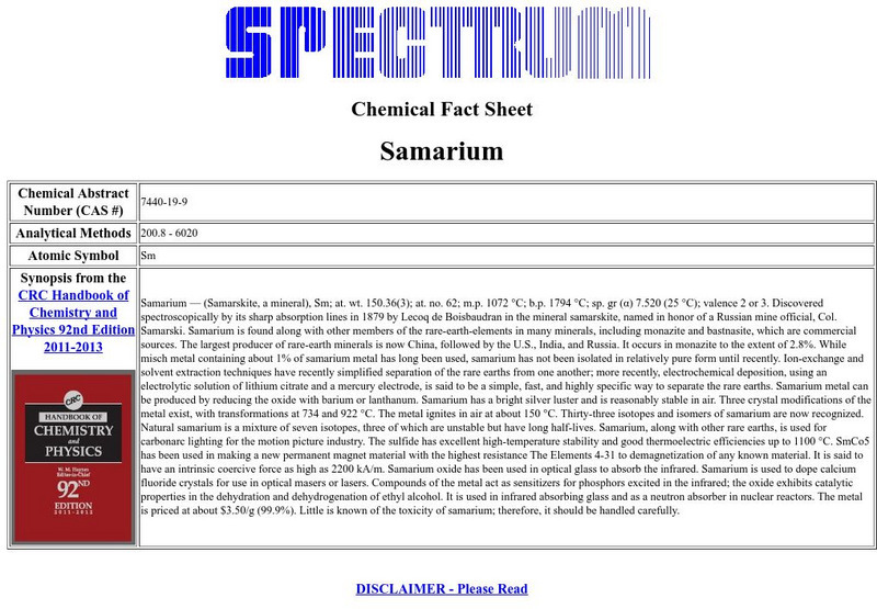 Florida Spectrum: Chemical Fact Sheet: Samarium Handout Florida Spectrum: Chemical Fact Sheet: Samarium Handout