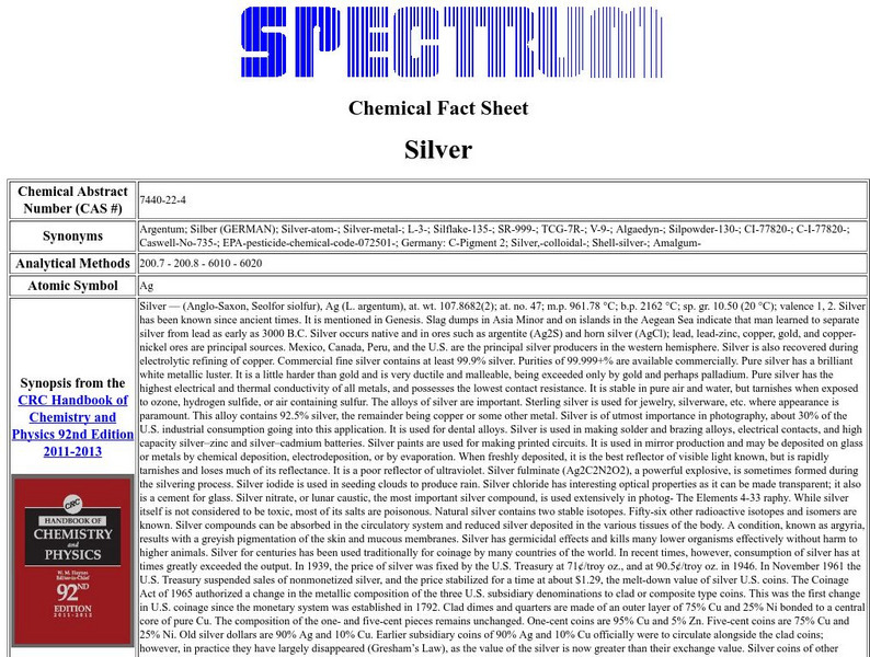 Florida Spectrum: Chemical Fact Sheet: Silver Handout Florida Spectrum: Chemical Fact Sheet: Silver Handout