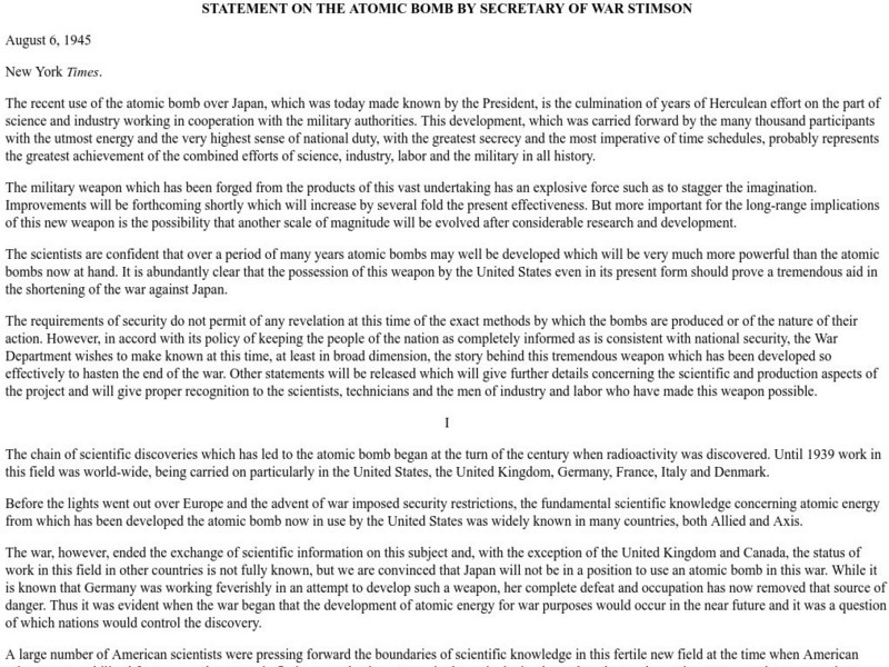 Ibiblio: Statement on the Atomic Bomb by Secretary of War Stimson Primary Ibiblio: Statement on the Atomic Bomb by Secretary of War Stimson Primary