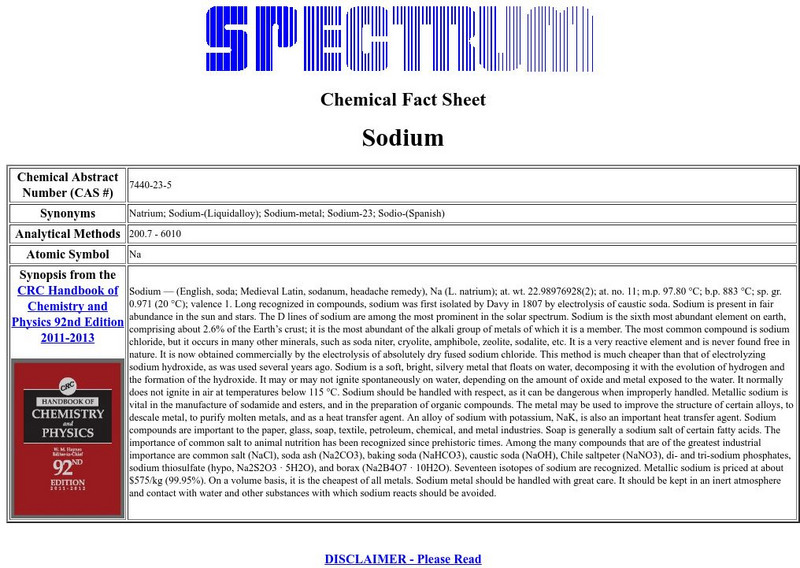 Florida Spectrum: Chemical Fact Sheet: Sodium Handout Florida Spectrum: Chemical Fact Sheet: Sodium Handout