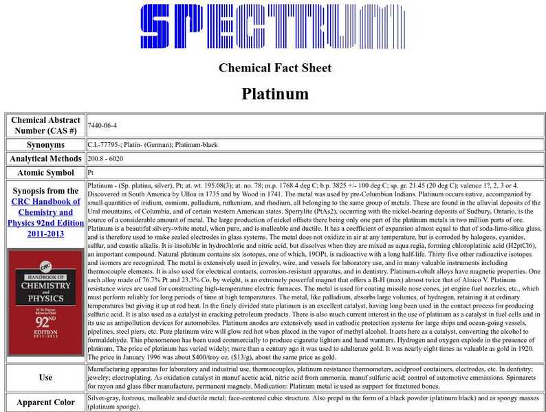 Florida Spectrum: Chemical Fact Sheet: Platinum Handout