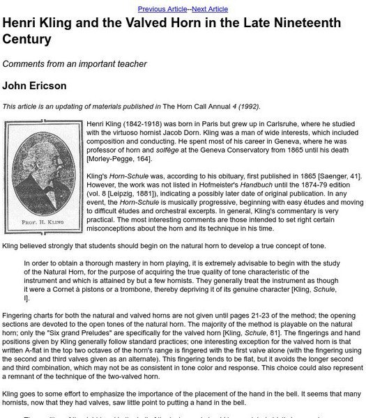 Arizona State University Horn Studio: Henri Kling and the Valved Horn Article Arizona State University Horn Studio: Henri Kling and the Valved Horn Article