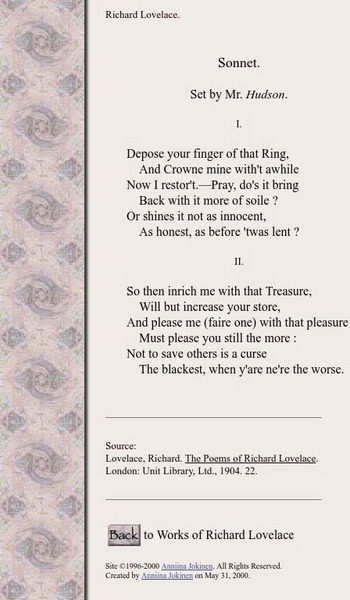 Luminarium: Richard Lovelace: "The Sonnet" eBook Luminarium: Richard Lovelace: "The Sonnet" eBook