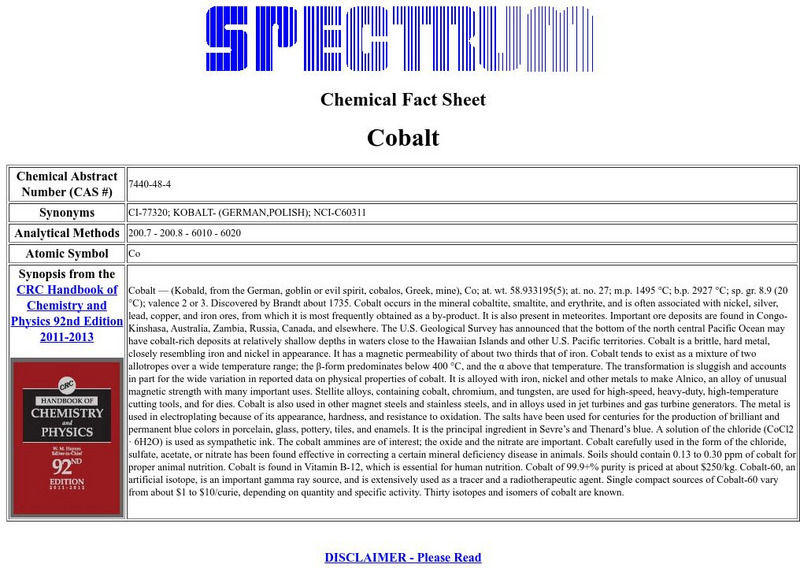 Florida Spectrum: Chemical Fact Sheet: Cobalt Handout