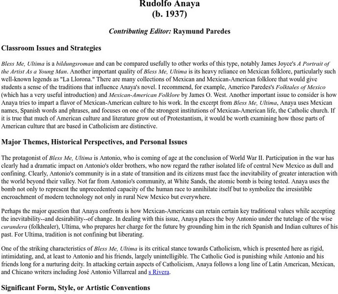 Houghton Mifflin: Rudolfo Anaya, Analysis of His Work Unit Plan Houghton Mifflin: Rudolfo Anaya, Analysis of His Work Unit Plan