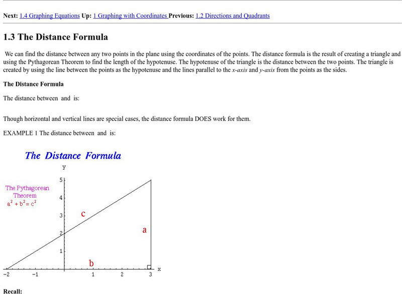 Npac Reu Program: Distance Formula Activity Npac Reu Program: Distance Formula Activity