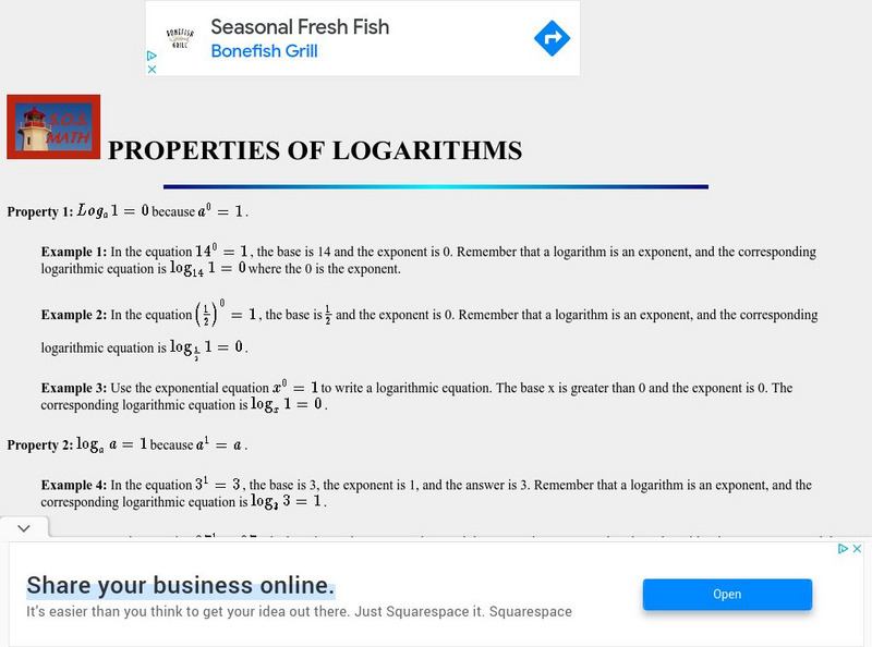 S O S Math Properties Of Logarithms Activity For 9th 10th Grade S O S Math Properties Of Logarithms Activity For 9th 10th Grade