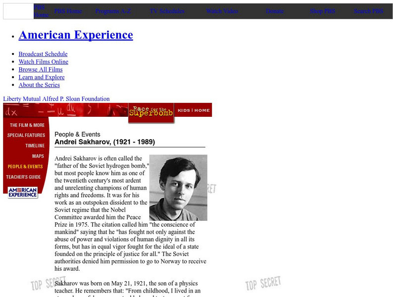 Pbs: American Experience: Race for the Superbomb: Andrei Sakharov Handout Pbs: American Experience: Race for the Superbomb: Andrei Sakharov Handout