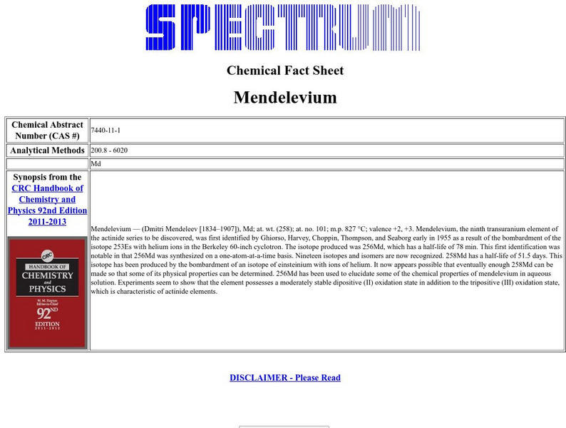 Florida Spectrum: Chemical Fact Sheet: Mendelevium Handout Florida Spectrum: Chemical Fact Sheet: Mendelevium Handout