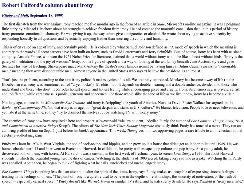 Robert Fulford: Robert Fulford's Column About Irony Article Robert Fulford: Robert Fulford's Column About Irony Article