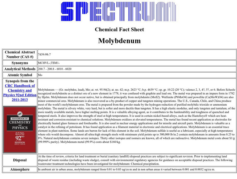 Florida Spectrum: Chemical Fact Sheet: Molybdenum Handout Florida Spectrum: Chemical Fact Sheet: Molybdenum Handout