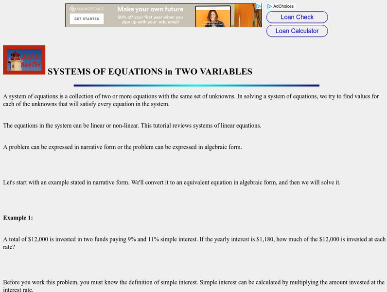 S.o.s. Math: Systems of Equations in 2 Variables Activity S.o.s. Math: Systems of Equations in 2 Variables Activity