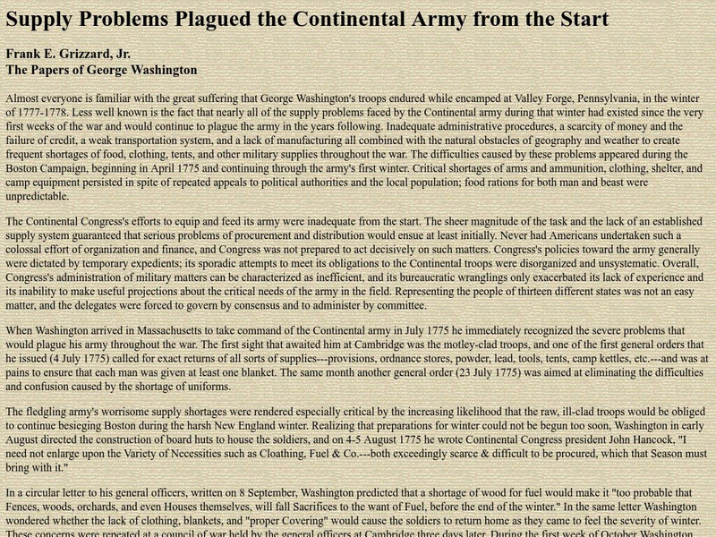 Michigan State University: American Revolution: Supply Problems Plague Continental Army Article Michigan State University: American Revolution: Supply Problems Plague Continental Army Article