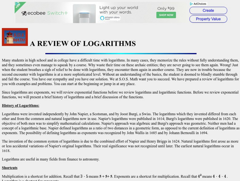 S.o.s. Math: A Review of Logarithms Handout S.o.s. Math: A Review of Logarithms Handout