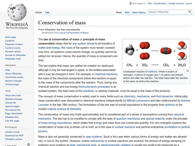 Wikipedia: Conservation of Mass Handout Wikipedia: Conservation of Mass Handout