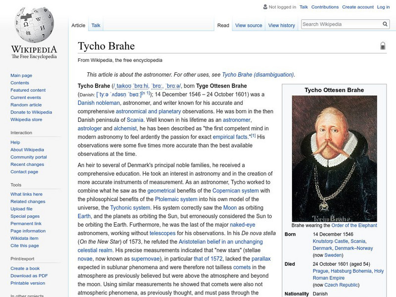 Wikipedia: Tycho Brahe Handout Wikipedia: Tycho Brahe Handout
