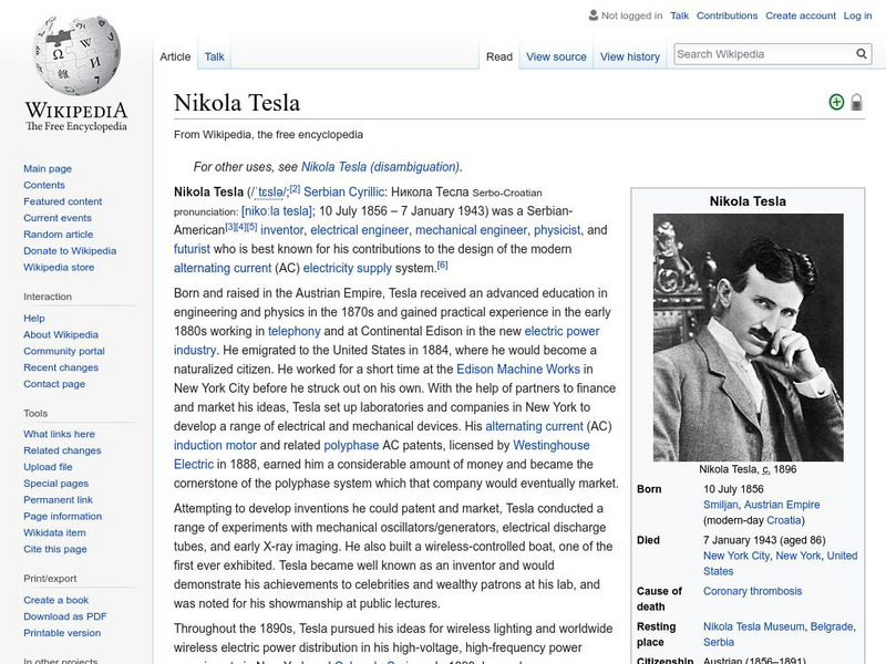 Wikipedia: Nikola Tesla Handout Wikipedia: Nikola Tesla Handout