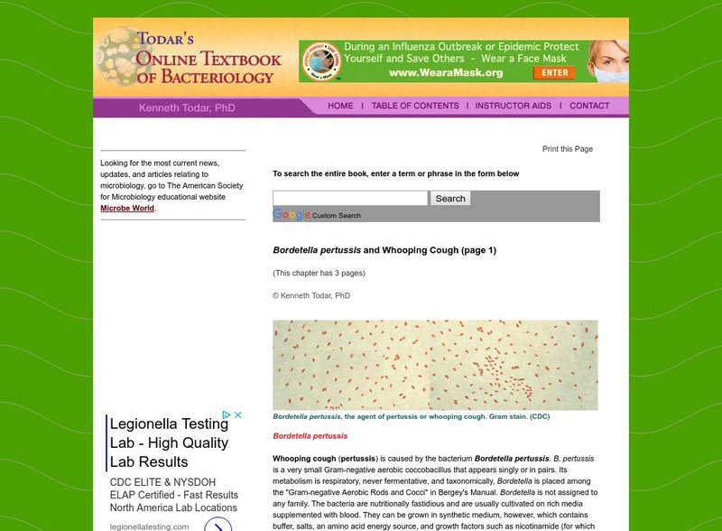 Todar's Online Textbook of Bacteriology: Bordetella Pertussis and Whooping Cough Handout Todar's Online Textbook of Bacteriology: Bordetella Pertussis and Whooping Cough Handout