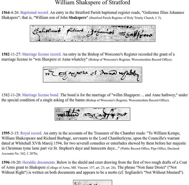 William Shakespeare Documentary Evidence Website