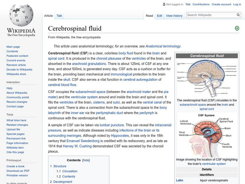 Wikipedia: Cerebrospinal Fluid Handout Wikipedia: Cerebrospinal Fluid Handout