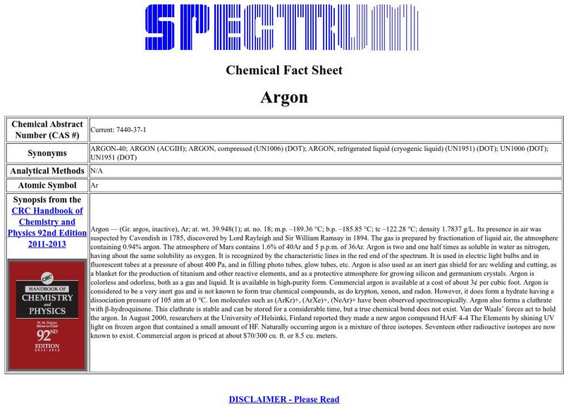 Florida Spectrum: Chemical Fact Sheet: Argon Handout Florida Spectrum: Chemical Fact Sheet: Argon Handout