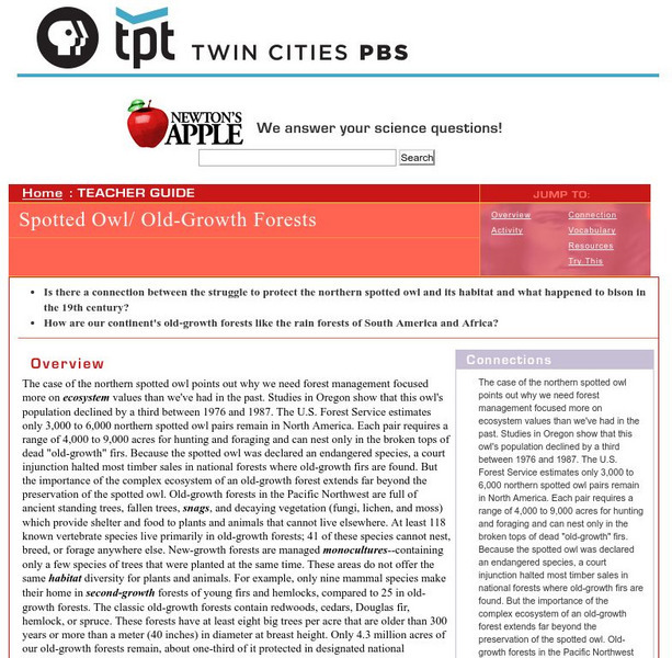 Newton's Apple: Spotted Owls and Old Growth Forests Lesson Plan Newton's Apple: Spotted Owls and Old Growth Forests Lesson Plan