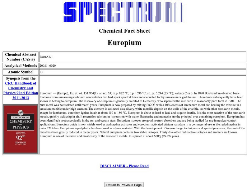 Florida Spectrum: Chemical Fact Sheet: Chemical Fact Sheet, Europium Handout Florida Spectrum: Chemical Fact Sheet: Chemical Fact Sheet, Europium Handout