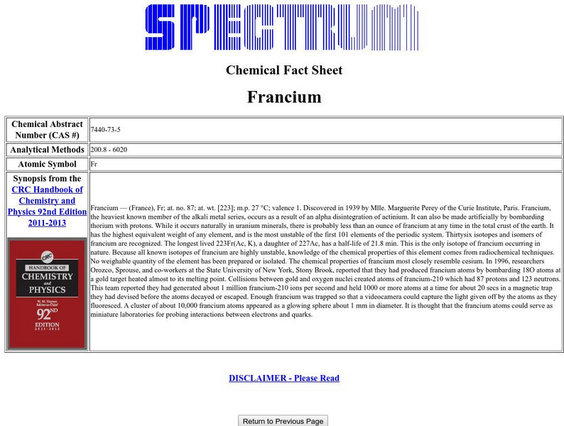 Florida Spectrum: Chemical Fact Sheet: Francium Handout Florida Spectrum: Chemical Fact Sheet: Francium Handout