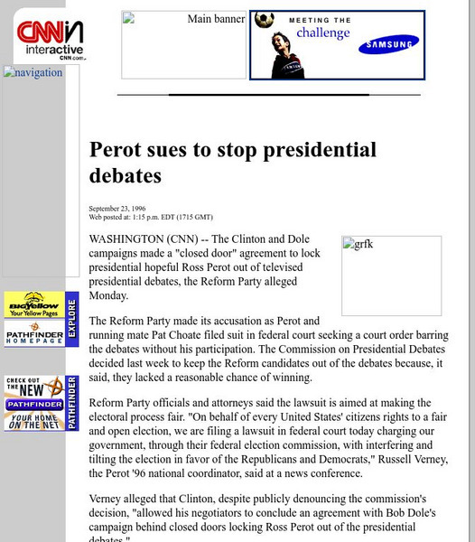 Cnn: Perot Sues to Stop Presidential Debates Article Cnn: Perot Sues to Stop Presidential Debates Article
