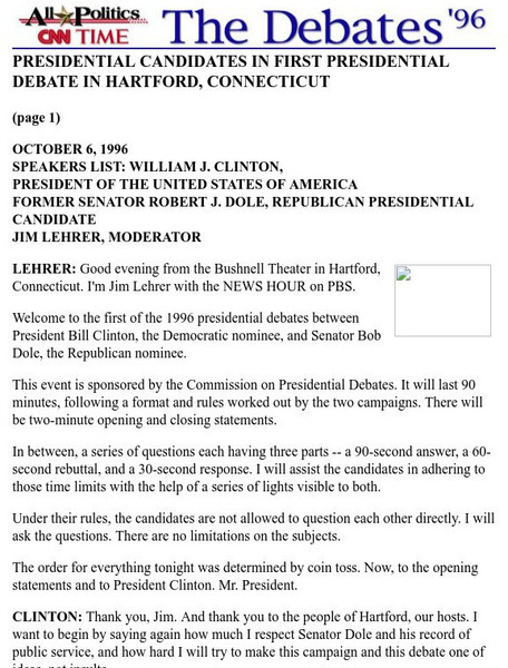 Cnn: Dole vs. Clinton First Debate Transcript Primary