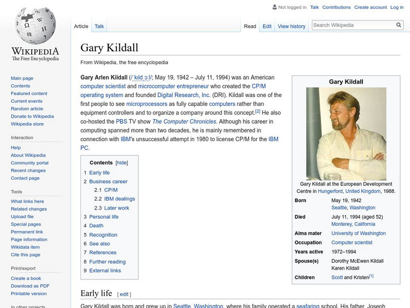 Wikipedia: Gary Kildall Handout for 9th - 10th Grade | Lesson Planet