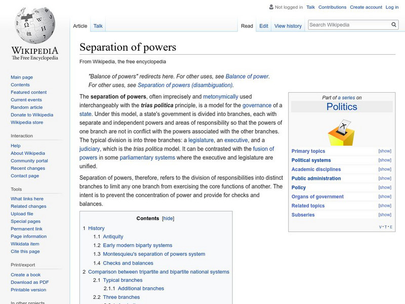 Wikipedia: Separation of Powers Handout Wikipedia: Separation of Powers Handout