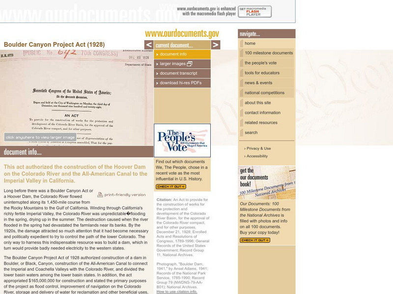 Our Documents: Boulder Canyon Project Act (1928) Website Our Documents: Boulder Canyon Project Act (1928) Website