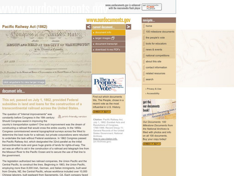 Our Documents: Pacific Railway Act (1862) Primary Our Documents: Pacific Railway Act (1862) Primary