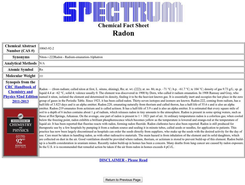 Florida Spectrum: Chemical Fact Sheet: Radon Handout Florida Spectrum: Chemical Fact Sheet: Radon Handout