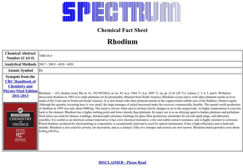 Florida Spectrum: Chemical Fact Sheet: Rhodium Handout Florida Spectrum: Chemical Fact Sheet: Rhodium Handout