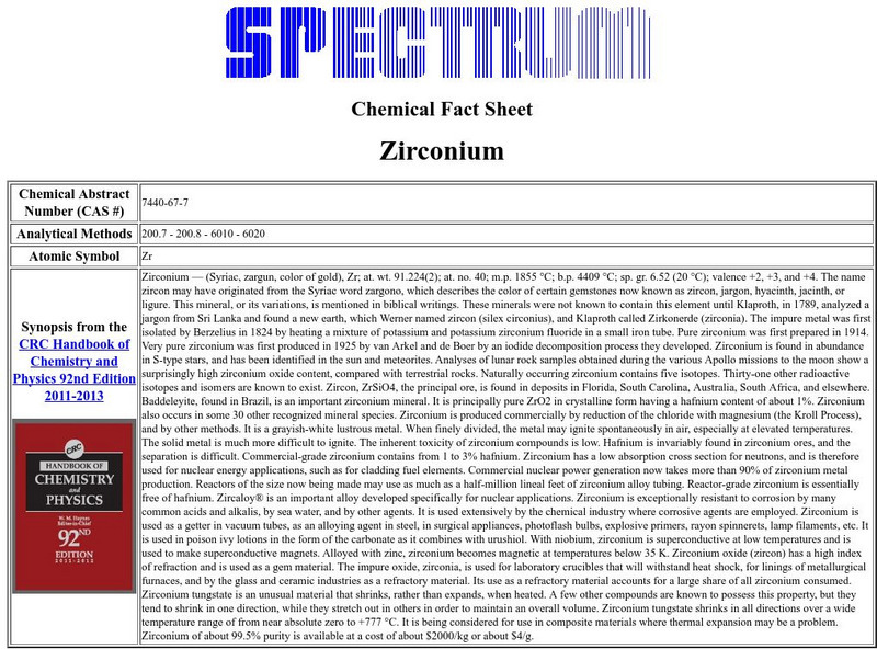 Florida Spectrum: Chemical Fact Sheet: Zirconium Handout Florida Spectrum: Chemical Fact Sheet: Zirconium Handout