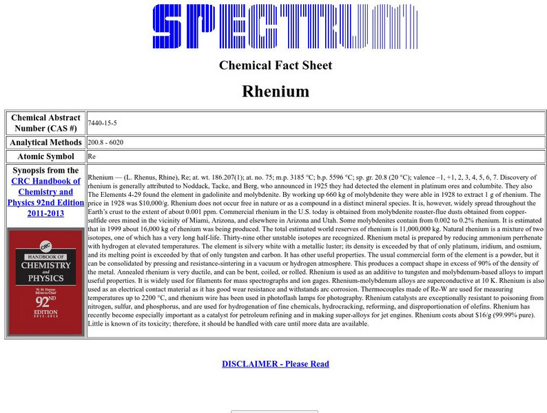 Florida Spectrum: Chemical Fact Sheet: Rhenium Handout Florida Spectrum: Chemical Fact Sheet: Rhenium Handout