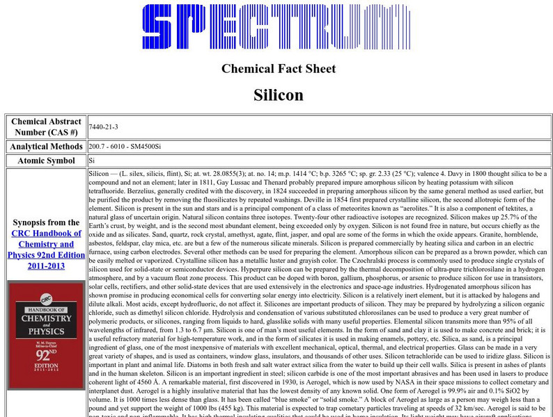 Florida Spectrum: Chemical Fact Sheet: Silicon Handout Florida Spectrum: Chemical Fact Sheet: Silicon Handout