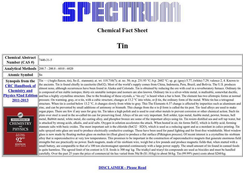 Florida Spectrum: Chemical Fact Sheet: Tin Handout Florida Spectrum: Chemical Fact Sheet: Tin Handout