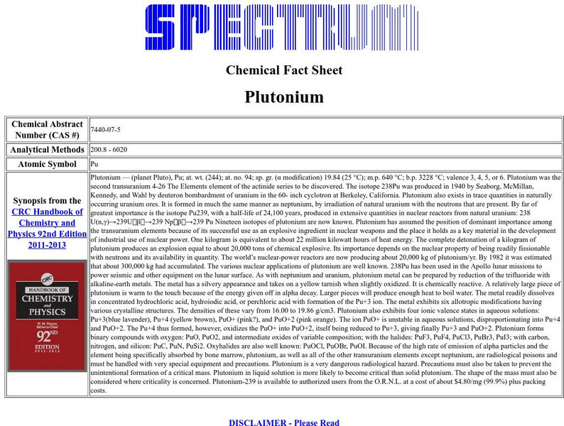 Florida Spectrum: Chemical Fact Sheet: Plutonium Handout Florida Spectrum: Chemical Fact Sheet: Plutonium Handout