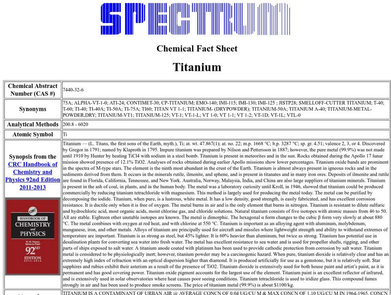 Florida Spectrum: Chemical Fact Sheet: Titanium Handout Florida Spectrum: Chemical Fact Sheet: Titanium Handout